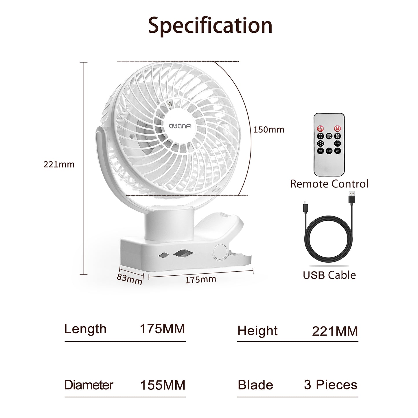 AWANFI Portable Clip on Fan 10000mAh Battery Operated, Desk Fan USB Rechargeable 360°Oscillating Fans with Remote and Light, Personal Fan for Dorm Room Home Office Travel (White)