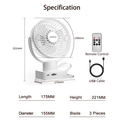 AWANFI Portable Clip on Fan 10000mAh Battery Operated, Desk Fan USB Rechargeable 360°Oscillating Fans with Remote and Light, Personal Fan for Dorm Room Home Office Travel (White)