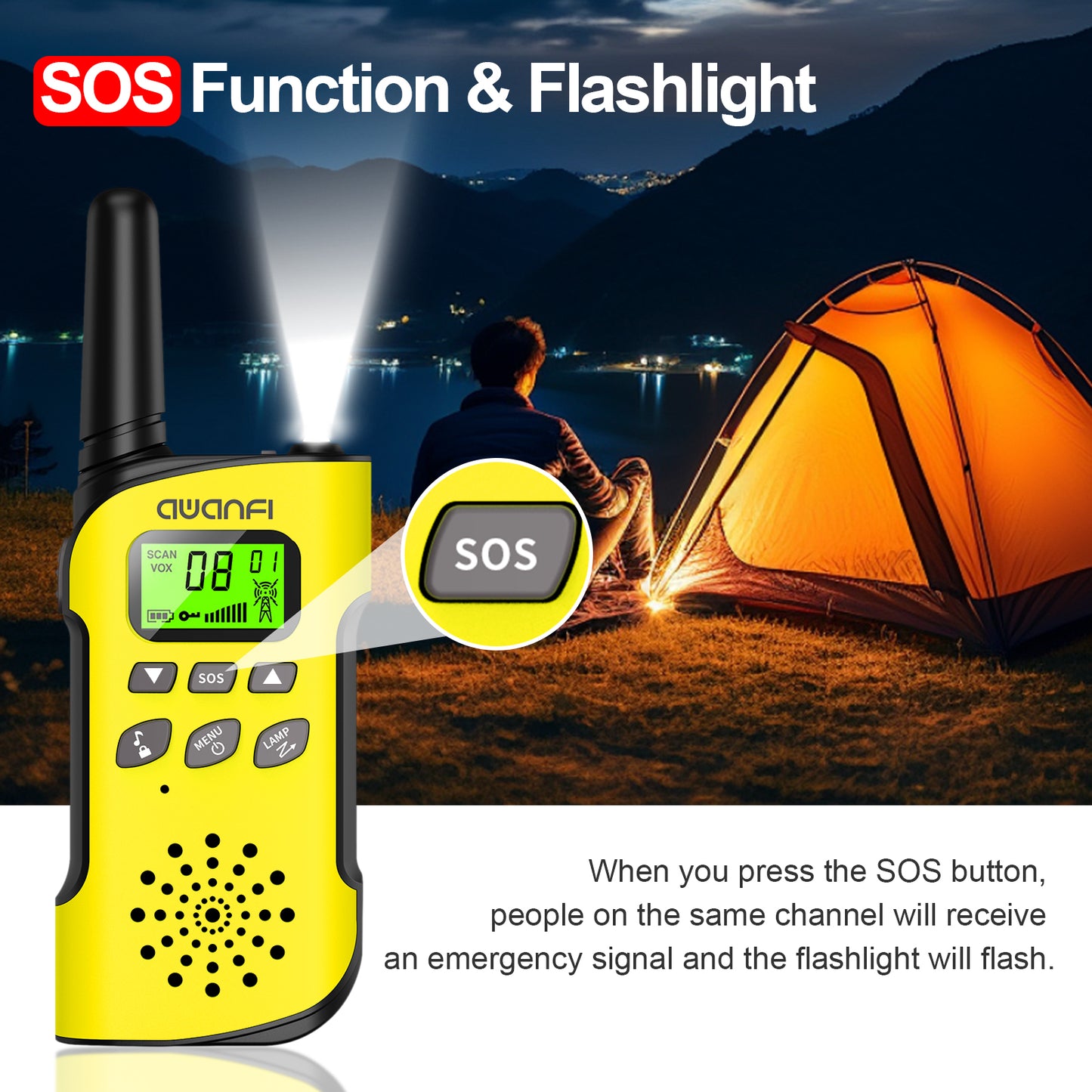 AWANFI Walkie Talkie 2 Pack Long Range Two-Way Radios, Rechargeable Kids Walkie Talkies Set with LED Flashlight VOX, for Adults Hiking Camping(Yellow, Blue)
