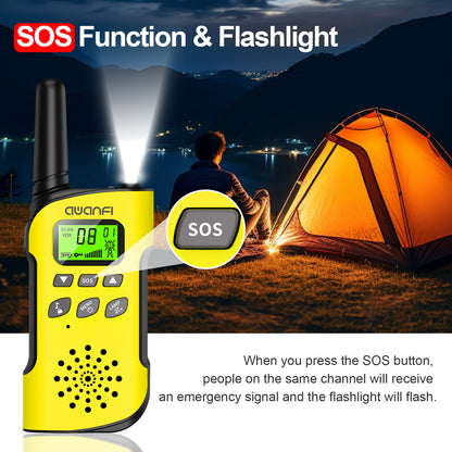 AWANFI Walkie Talkie 2 Pack Long Range Two-Way Radios, Rechargeable Kids Walkie Talkies Set with LED Flashlight VOX, for Adults Hiking Camping(Yellow, Blue)