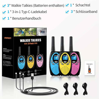 AWANFI Walkie Talkies for Kids Adults, 3 pack Rechargeable Long Range Two Way Radios for Family Camping, Hiking, Cycling