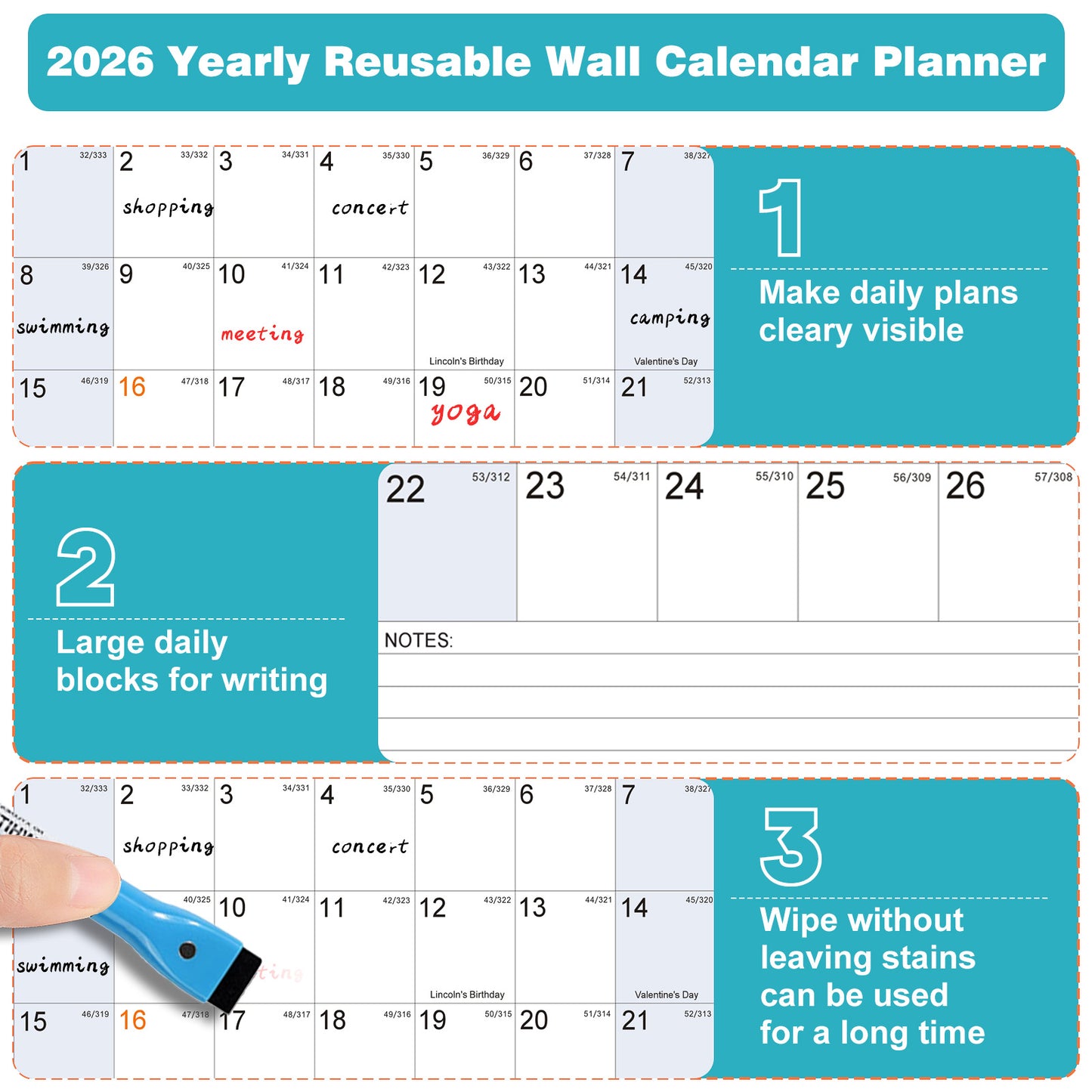 AWANFI 2026 Dry Erase Calendar for Wall - 36'' x 24'', Erasable & Reusable Laminated Monthly Calender with Ample Space Great for Office, Classroom, Home
