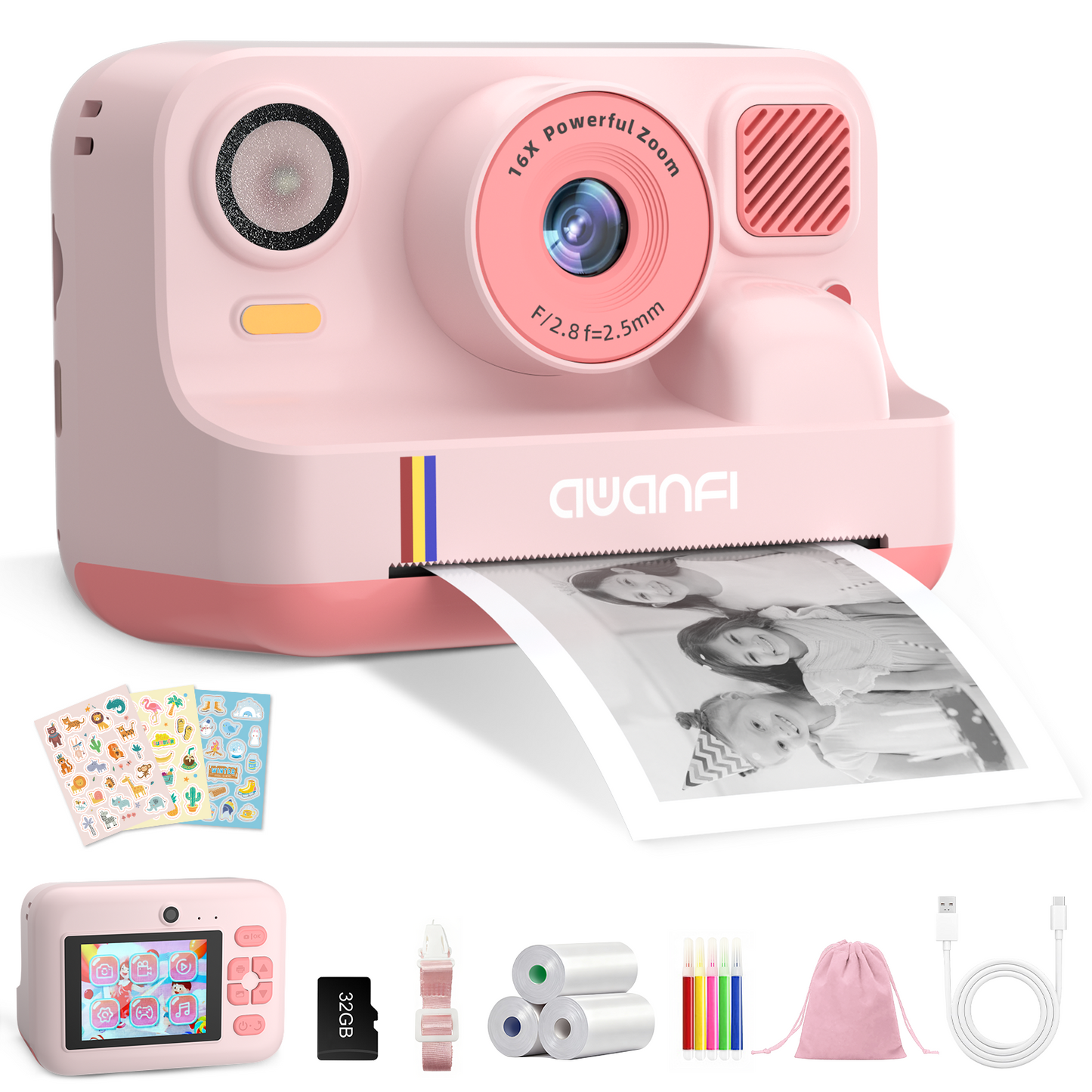 AWANFI Instant Print Camera Kids with 32G SD Card and Printing Paper, Portable Digital Cameras Toys for Boys & Girls Age 3-12 Birthday Gifts - Pink