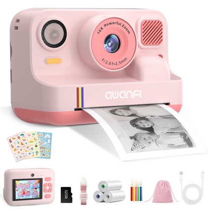 AWANFI Instant Print Camera Kids with 32G SD Card and Printing Paper, Portable Digital Cameras Toys for Boys & Girls Age 3-12 Birthday Gifts - Pink