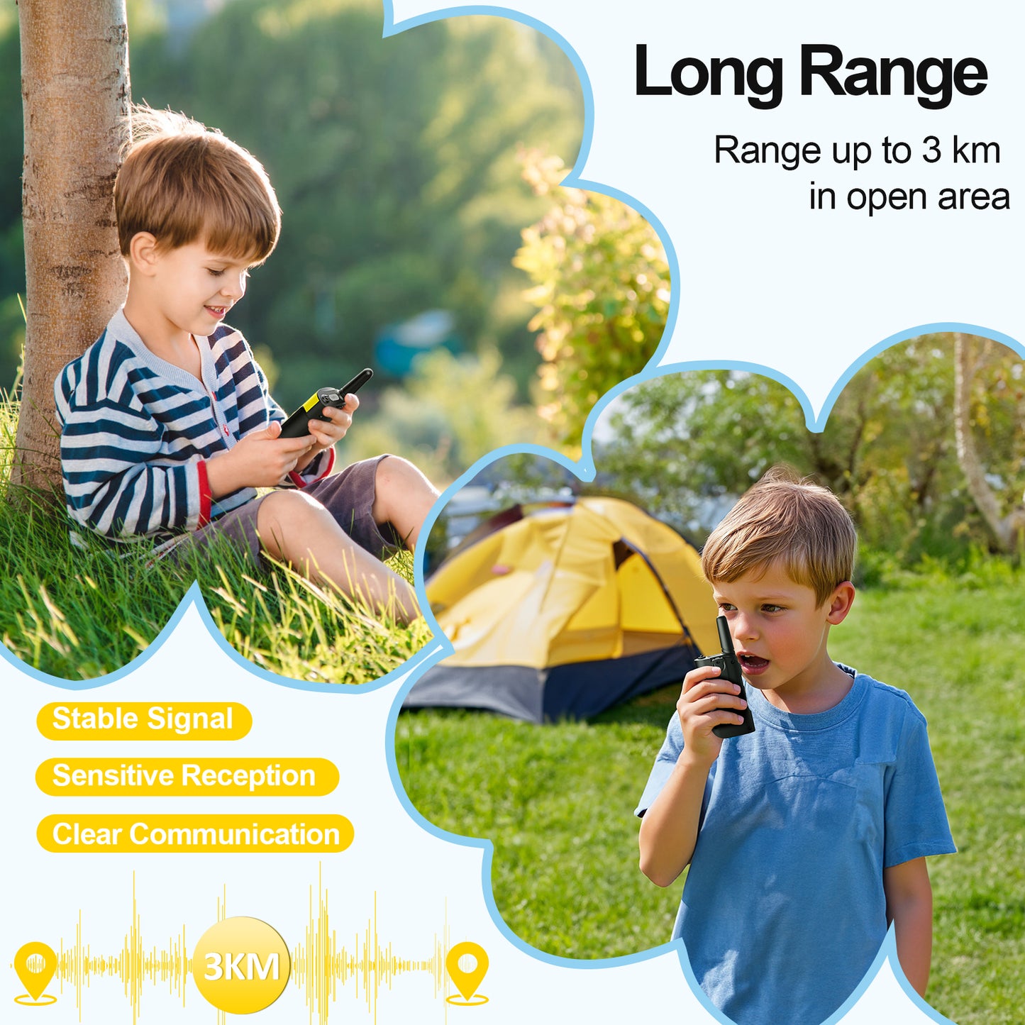 AWANFI Walkie Talkie 2 Pack Long Range Two-Way Radios, Rechargeable Kids Walkie Talkies Set with LED Flashlight VOX, for Adults Hiking Camping(Yellow, Blue)