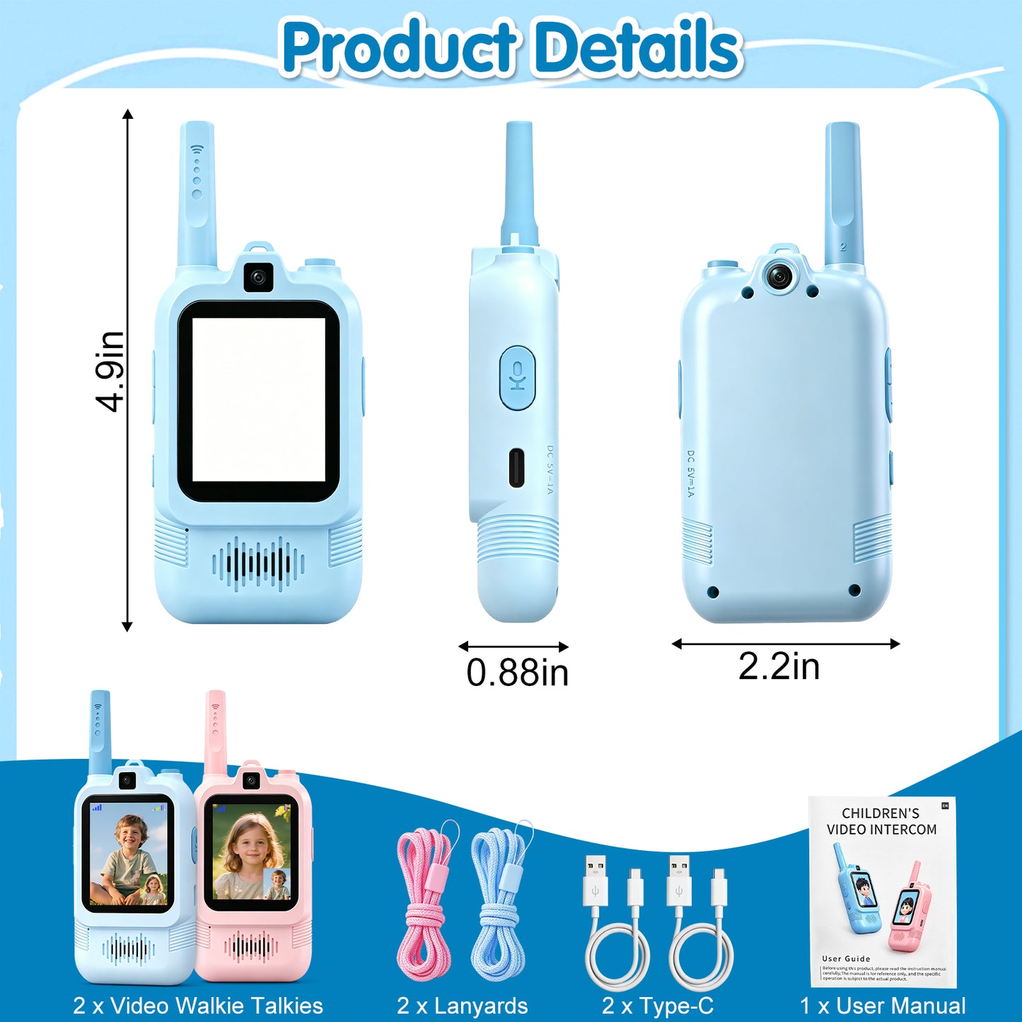 AWANFI Video Walkie Talkies for Kids Rechargeable, Toys Phone 2 Pack for Boys Girls, 1000 ft Long Range, with Voice Chat, Camera, Gifts for Age 3+