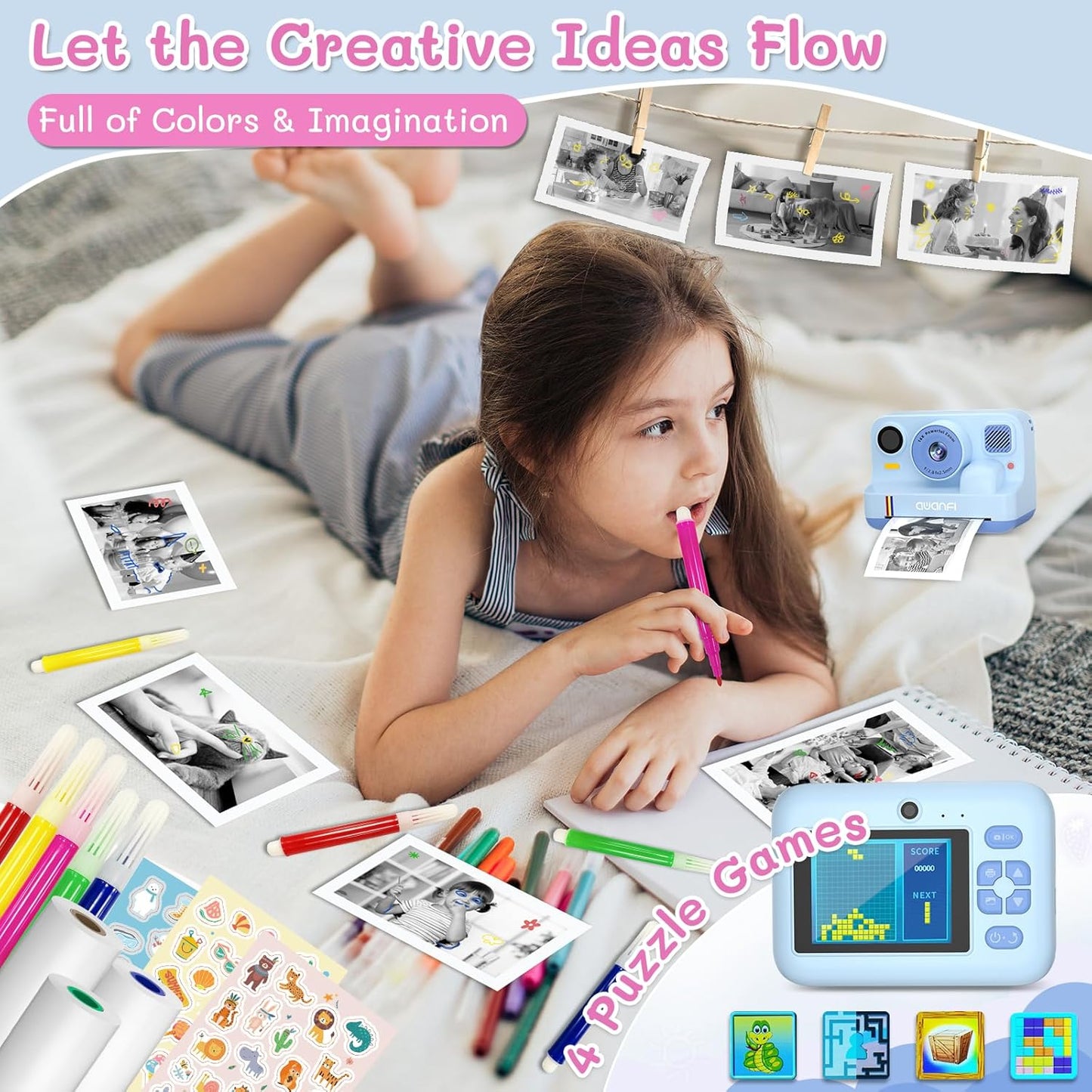 AWANFI Kids Camera Instant Print Toys, 48MP Kids Digital Camera with 1080P Video, 32GB SD Card & 3 Rolls Printing Paper, Fun Instant Print Camera for Kids Ages 3-16, Perfect Christmas & Birthday Gift