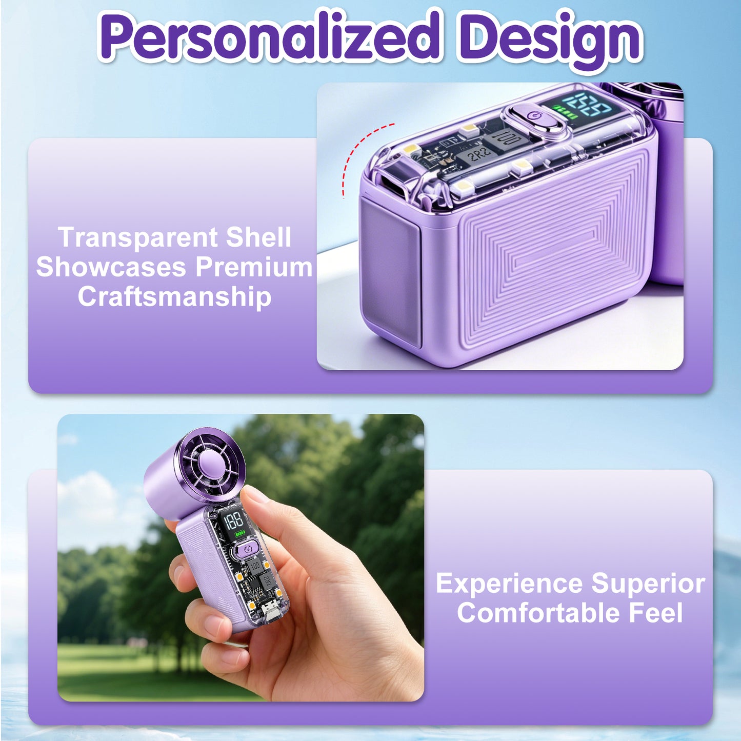 AWANFI Portable Handheld Fan, Pocket Electric Personal Fan Rechargeable with LED Display High-Speed Mini Turbo Fan for Outdoor Home, Purple