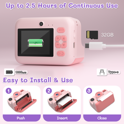 AWANFI Instant Print Camera Kids with 32G SD Card and Printing Paper, Portable Digital Cameras Toys for Boys & Girls Age 3-12 Birthday Gifts - Pink