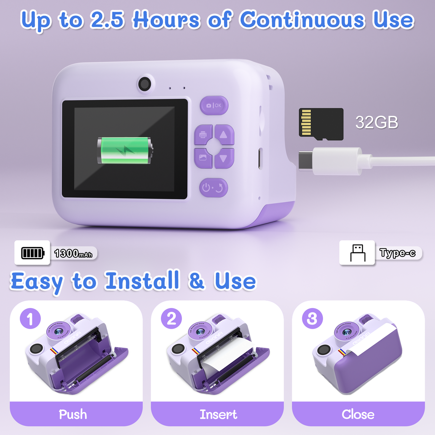 AWANFI Instant Print Camera for Kids, with Printing Paper 2.4" HD 1080P Digital Video Instant Camera for Boys & Girls Age 3-12 Birthday Gifts - Purple