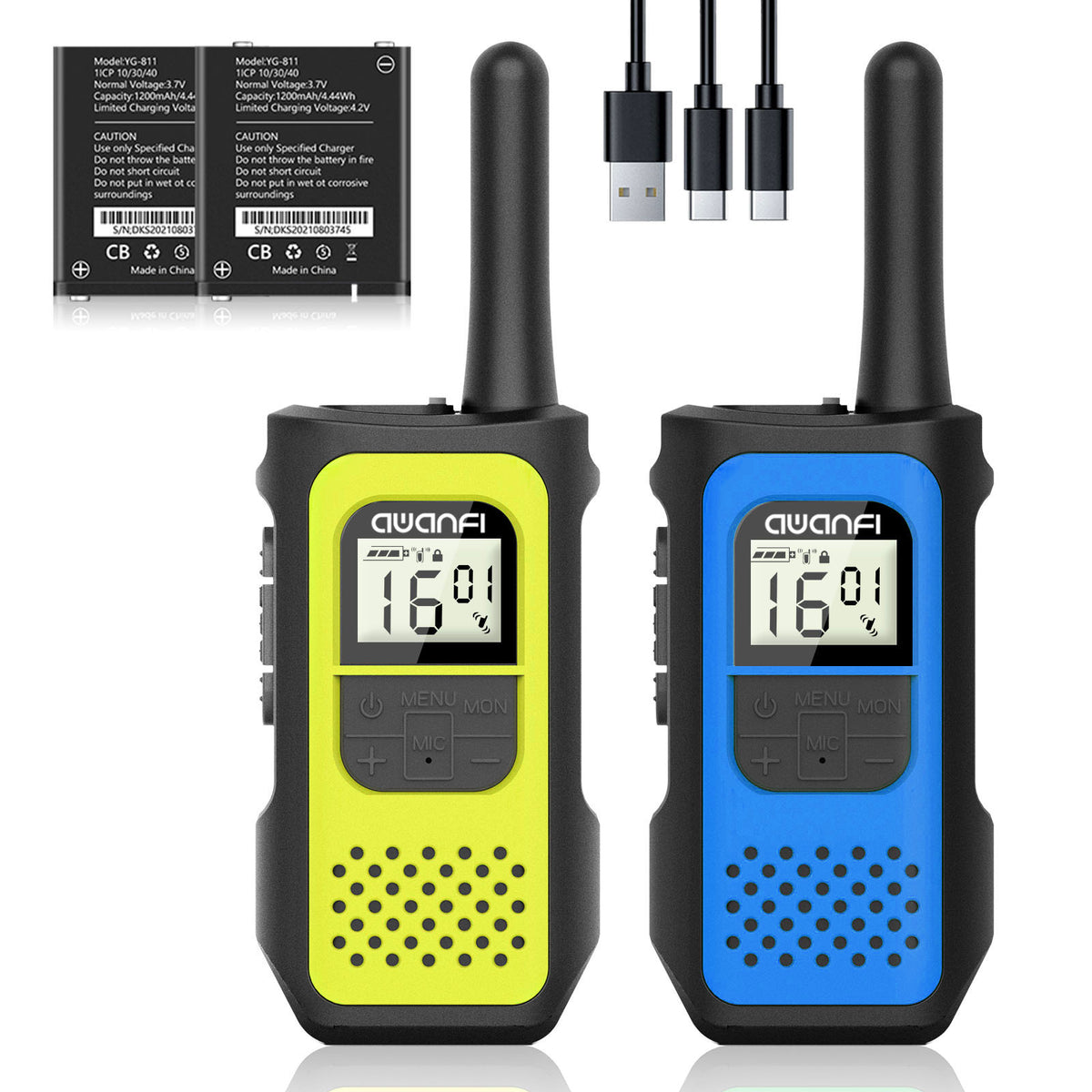 AWANFI Walkie Talkies 2 Pack, Rechargeable 2 Way Radios Walkie Talkies Long Range, Walkie Talkie Set for Adults Kids (Yellow, Blue)