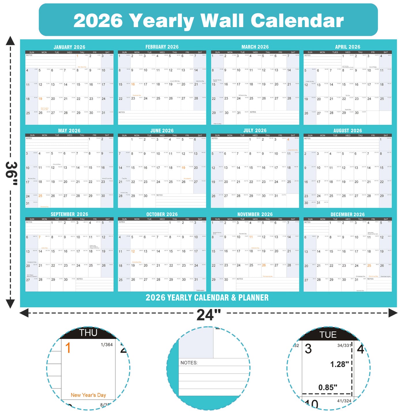 AWANFI 2026 Dry Erase Calendar for Wall - 36'' x 24'', Erasable & Reusable Laminated Monthly Calender with Ample Space Great for Office, Classroom, Home