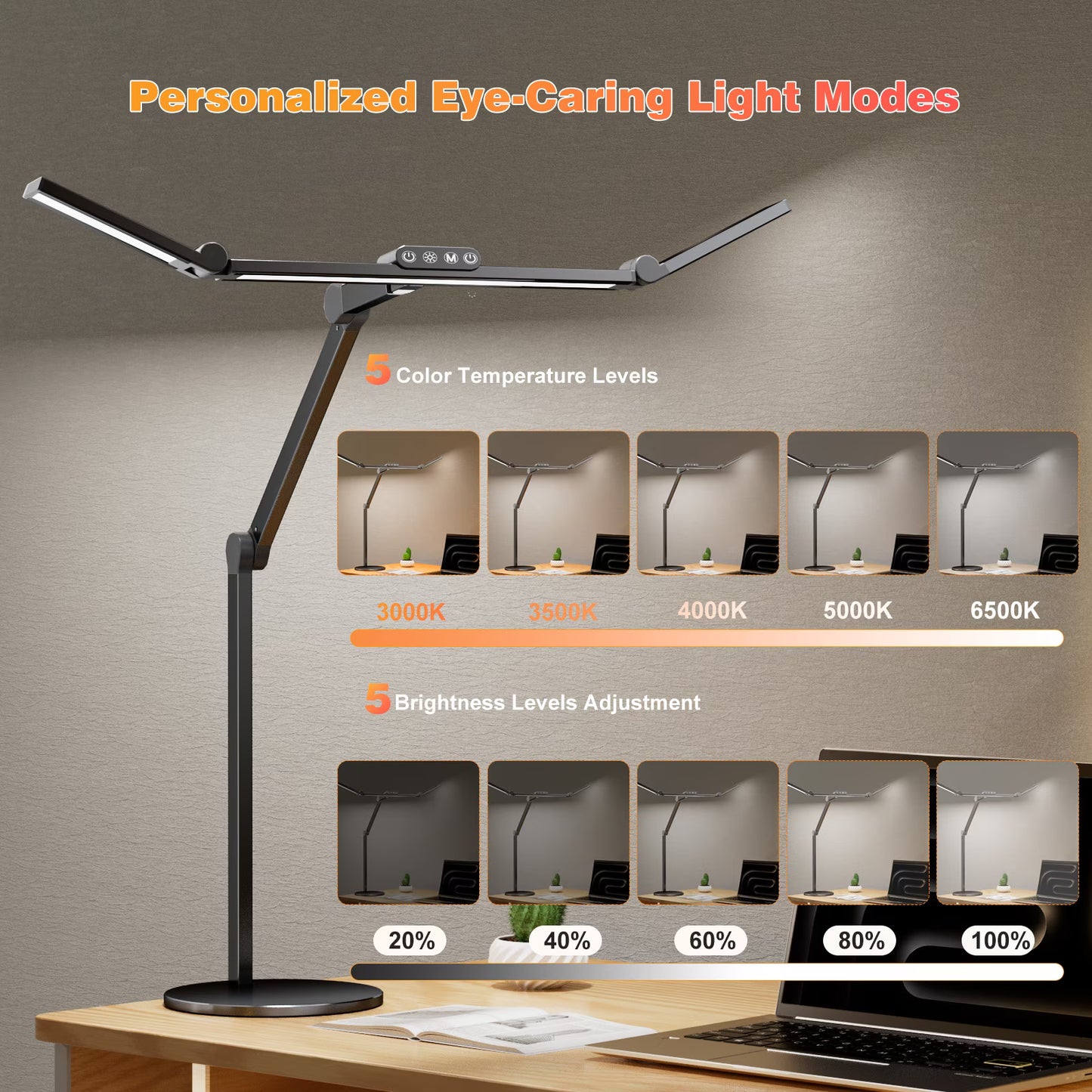 Desk Lamp, 24W LED Desk Light for Home Office, Auto Stepless Dimming and Tempering Table Light with Base, for Architect Drafting Design(Black)