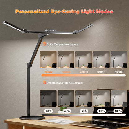 Desk Lamp, 24W LED Desk Light for Home Office, Auto Stepless Dimming and Tempering Table Light with Base, for Architect Drafting Design(Black)