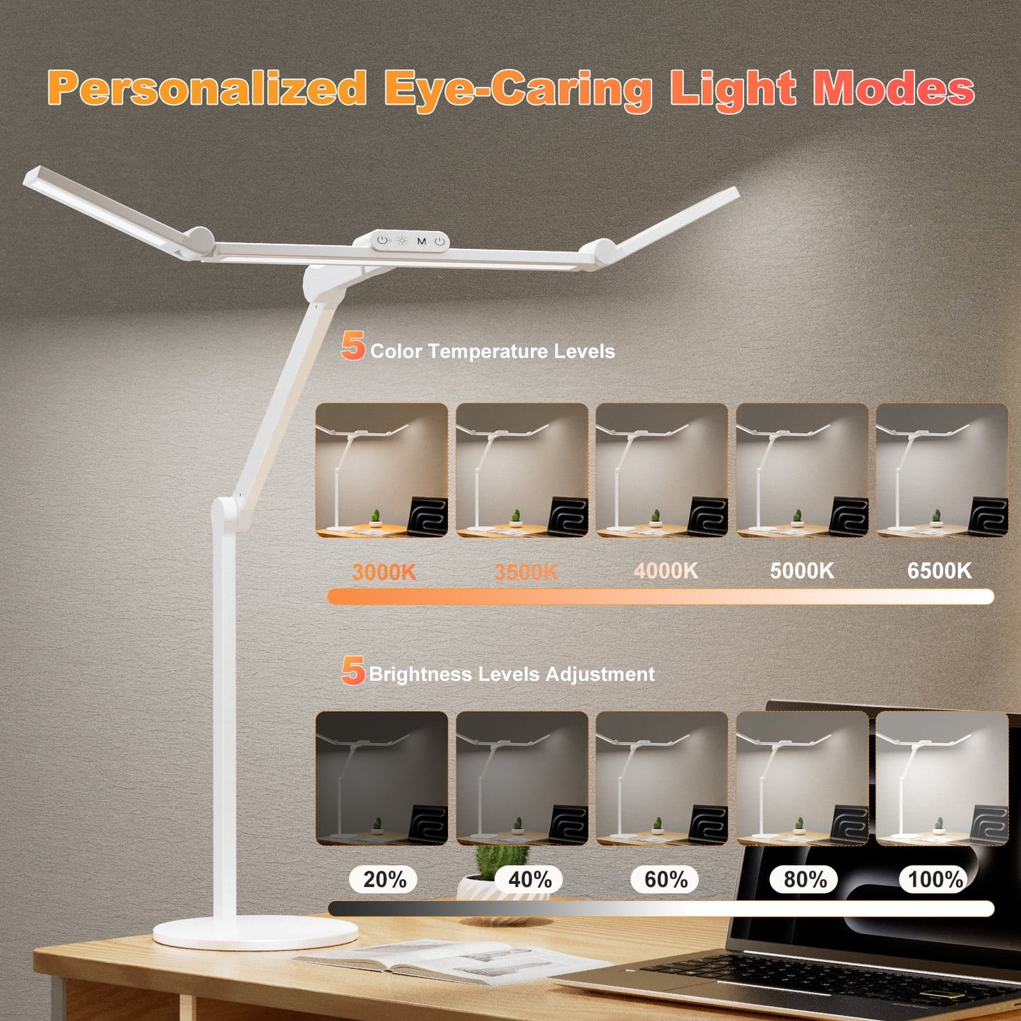 Desk Lamp, 24W LED Desk Light for Home Office, Auto Stepless Dimming and Tempering Table Light with Base, for Architect Drafting Design(White)