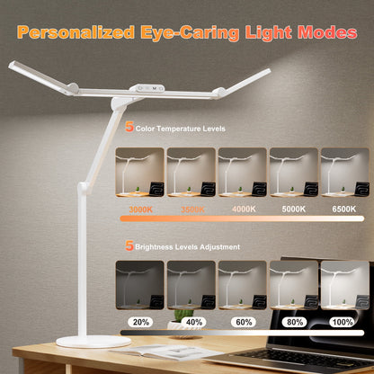 Desk Lamp, 24W LED Desk Light for Home Office, Auto Stepless Dimming and Tempering Table Light with Base, for Architect Drafting Design(White)