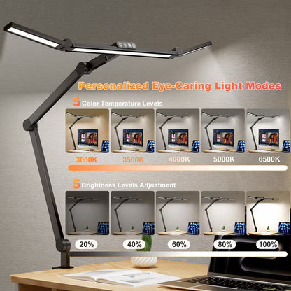 LED Desk Lamp for Home Office - 24W 1500LM Desk Lamps with Clamp Architect Table Lamp Adjustable Head Stepless Dimming Work Light(Black)