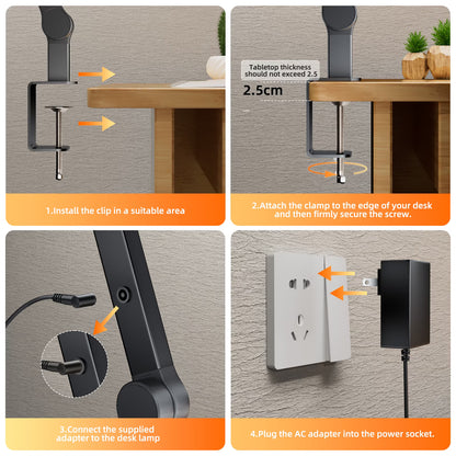 LED Desk Lamp for Home Office - 24W 1500LM Desk Lamps with Clamp Architect Table Lamp Adjustable Head Stepless Dimming Work Light(Black)