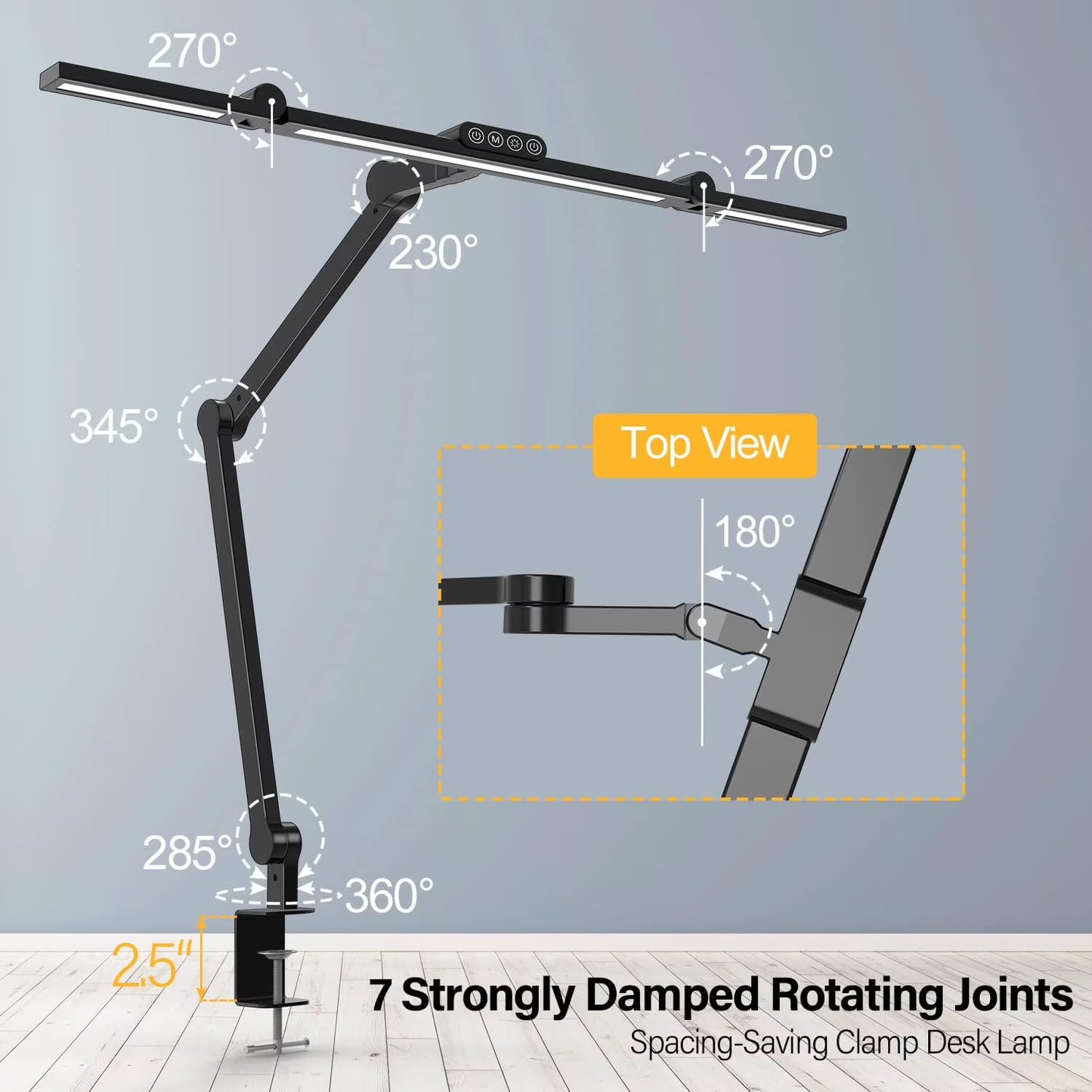 LED Desk Lamp for Home Office - 24W 1500LM Desk Lamps with Clamp Architect Table Lamp Adjustable Head Stepless Dimming Work Light(Black)