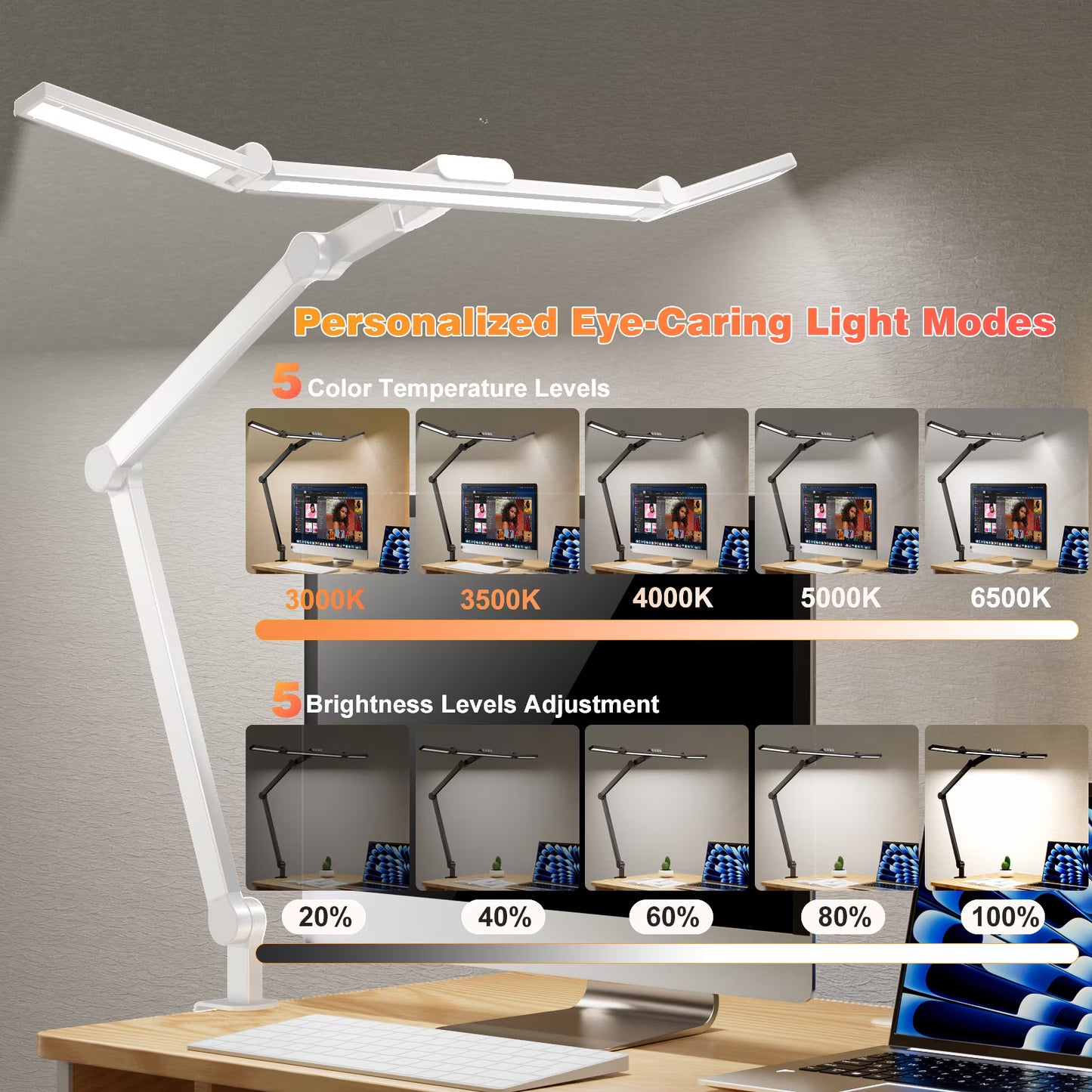 LED Desk Lamp for Home Office - 24W 1500LM Desk Lamps with Clamp Architect Table Lamp Adjustable Head Stepless Dimming Work Light (White)
