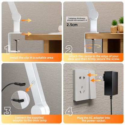 LED Desk Lamp for Home Office - 24W 1500LM Desk Lamps with Clamp Architect Table Lamp Adjustable Head Stepless Dimming Work Light (White)