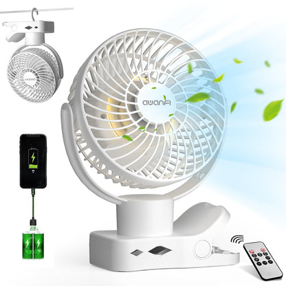 AWANFI Portable Clip on Fan 10000mAh Battery Operated, Desk Fan USB Rechargeable 360°Oscillating Fans with Remote and Light, Personal Fan for Dorm Room Home Office Travel (White)