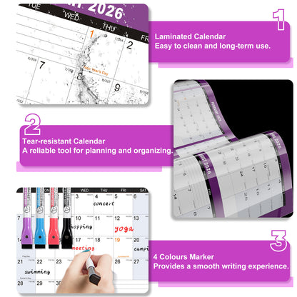 AWANFI 2026 Wall Calendar Dry Erase - 36'' x 24'', Double Sided Erasable & Reusable Yearly Wall Calendar Large Schedule Planner for Home, Office, Plan Organizer