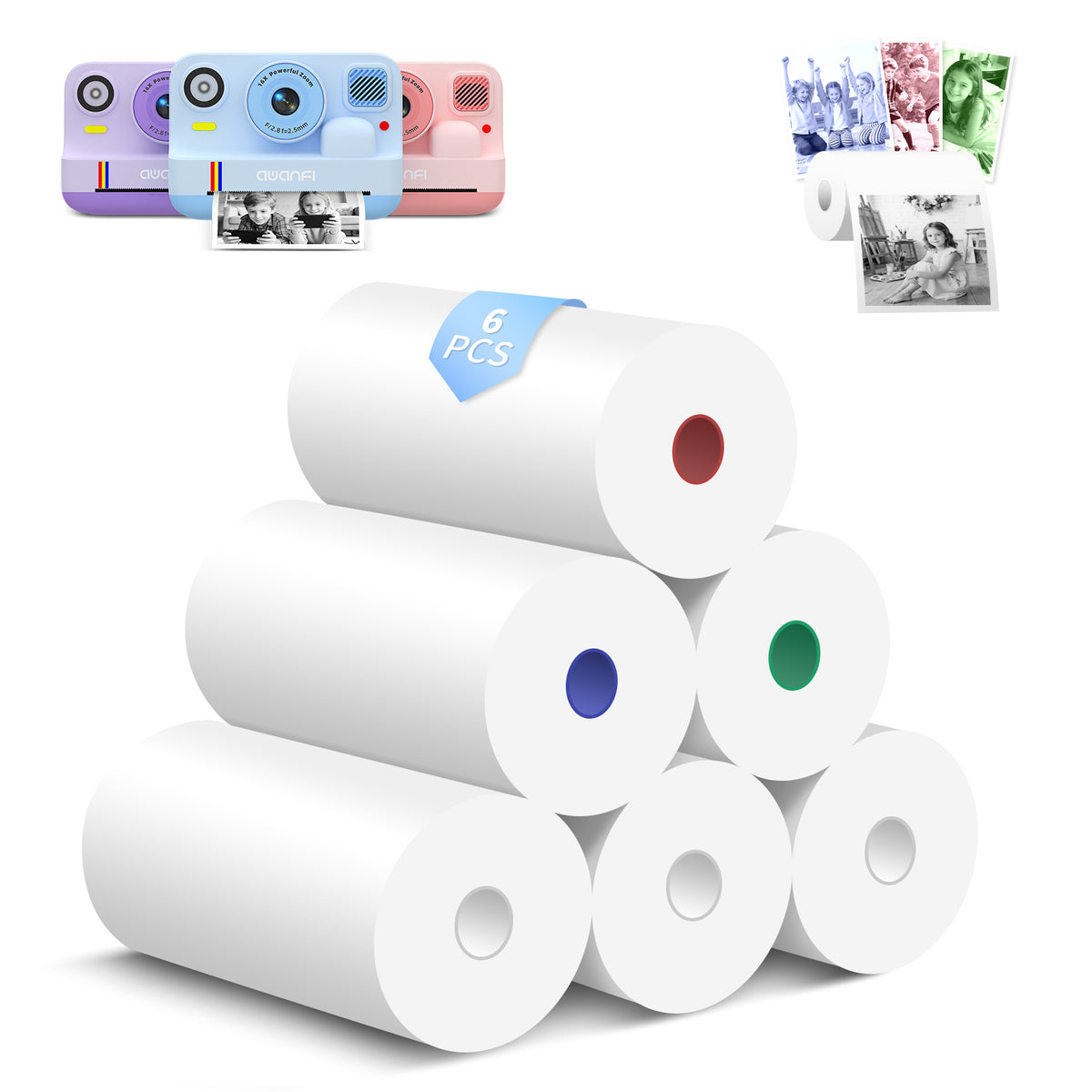 AWANFI Instant Print Camera Paper, 6 Rolls Refill Paper , Instant Camera Color Print Paper, 3xBlack, 1x Blue, 1xGreen, 1xRed (57x30mm)