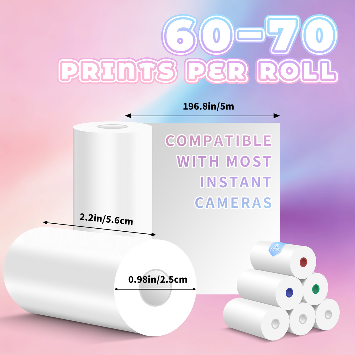 AWANFI Instant Print Camera Paper, 6 Rolls Refill Paper , Instant Camera Color Print Paper, 3xBlack, 1x Blue, 1xGreen, 1xRed (57x30mm)