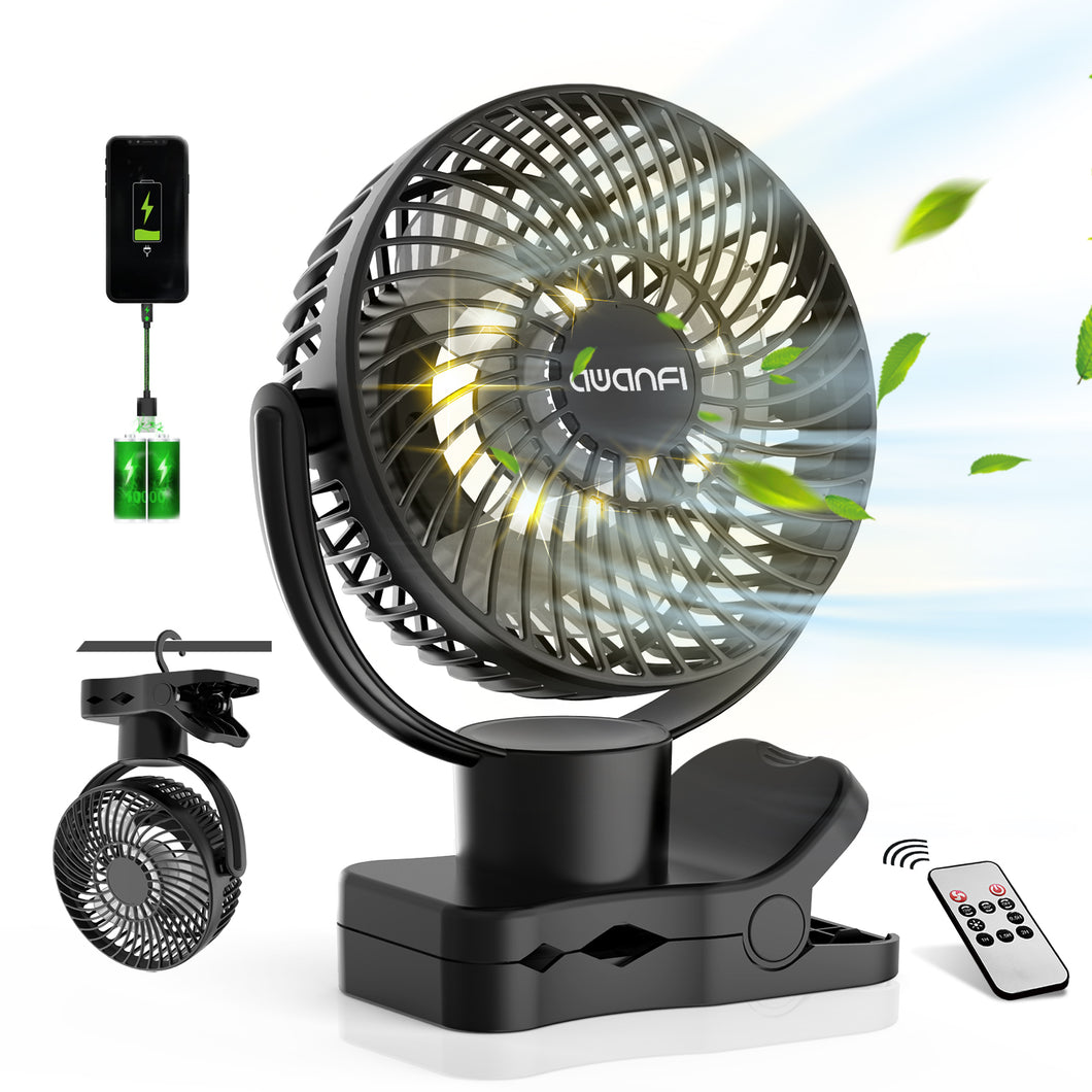 AWANFI 10000mAh Battery Operated Oscillating Fan with Remote, Rechargeable Camping Fan with LED Light, 4 Speeds, Power Bank, Hanging Hook, Clip On Fan for Tent, Desk, Stroller, Camping, Office, Home