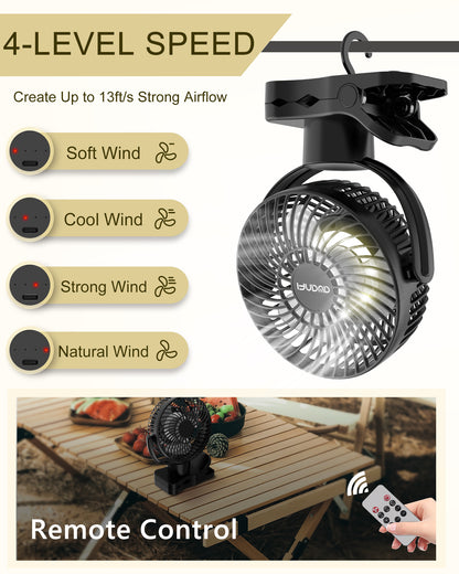 5000mAh Battery Operated Oscillating Fan with Remote, Rechargeable Camping Fan with LED Light, 4 Speeds, Power Bank, Hanging Hook, Clip On Fan for Tent, Desk, Stroller, Camping, Office, Home