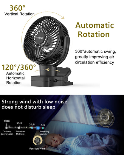 5000mAh Battery Operated Oscillating Fan with Remote, Rechargeable Camping Fan with LED Light, 4 Speeds, Power Bank, Hanging Hook, Clip On Fan for Tent, Desk, Stroller, Camping, Office, Home