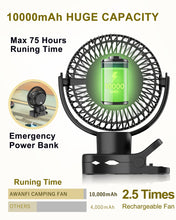 Load image into Gallery viewer, AWANFI 10000mAh Battery Operated Oscillating Fan with Remote, Rechargeable Camping Fan with LED Light, 4 Speeds, Power Bank, Hanging Hook, Clip On Fan for Tent, Desk, Stroller, Camping, Office, Home
