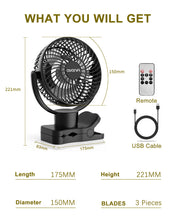 Load image into Gallery viewer, AWANFI 10000mAh Battery Operated Oscillating Fan with Remote, Rechargeable Camping Fan with LED Light, 4 Speeds, Power Bank, Hanging Hook, Clip On Fan for Tent, Desk, Stroller, Camping, Office, Home
