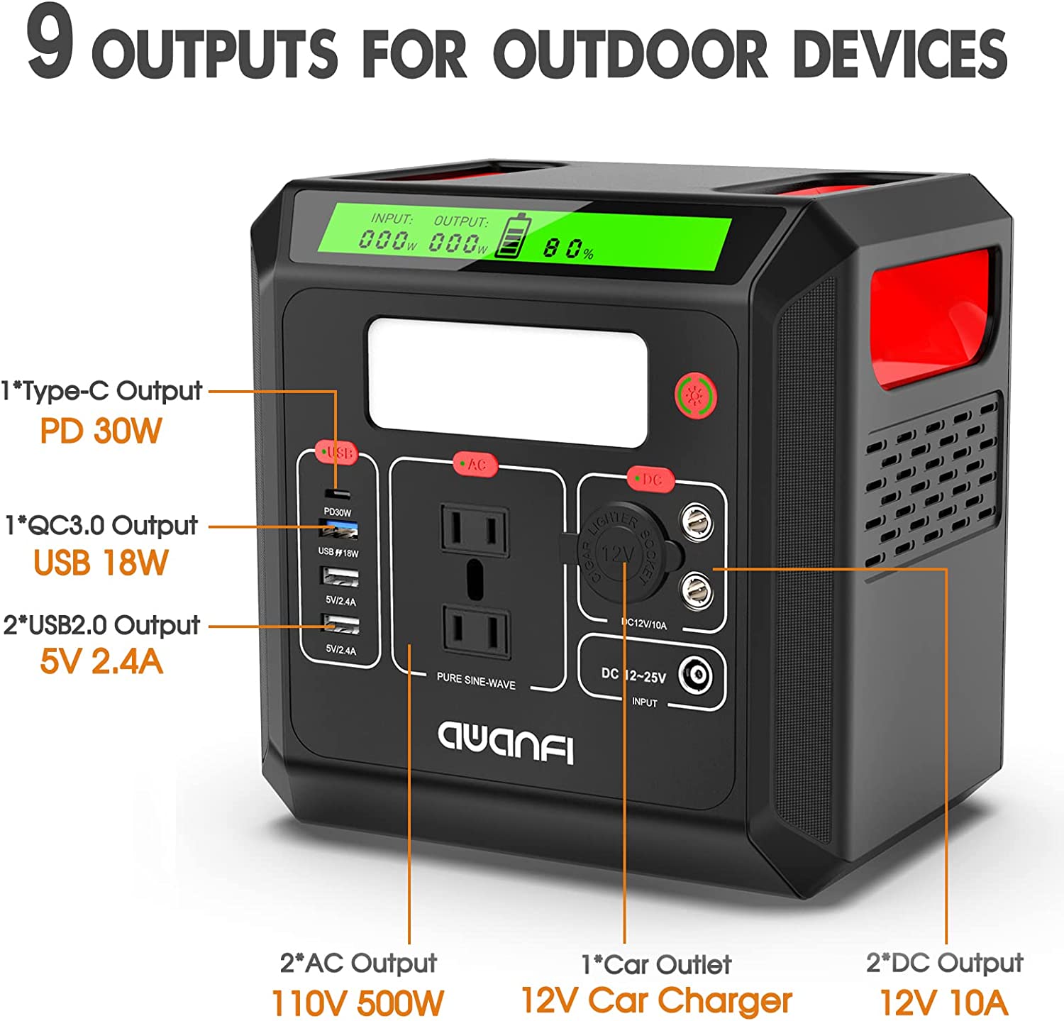 AWANFI Portable Power Station 518.4 Wh Solar Generator with 110V 500W (700W  Peak) AC Outlet & PD Type-C Quick Charge & Led Light.