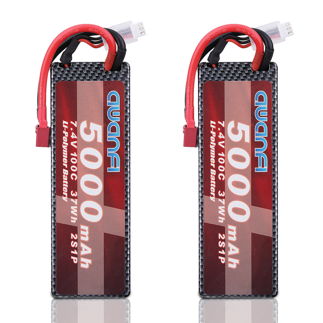 AWANFI 2S Lipo Battery 7.4V 5000mAh 100C RC Battery Pack with Dean-Style T Connector for RC Car Trucks 1/8 1/10 RC Vehicles RC Airplane Helicopter Boat Hobby(2 Pack)