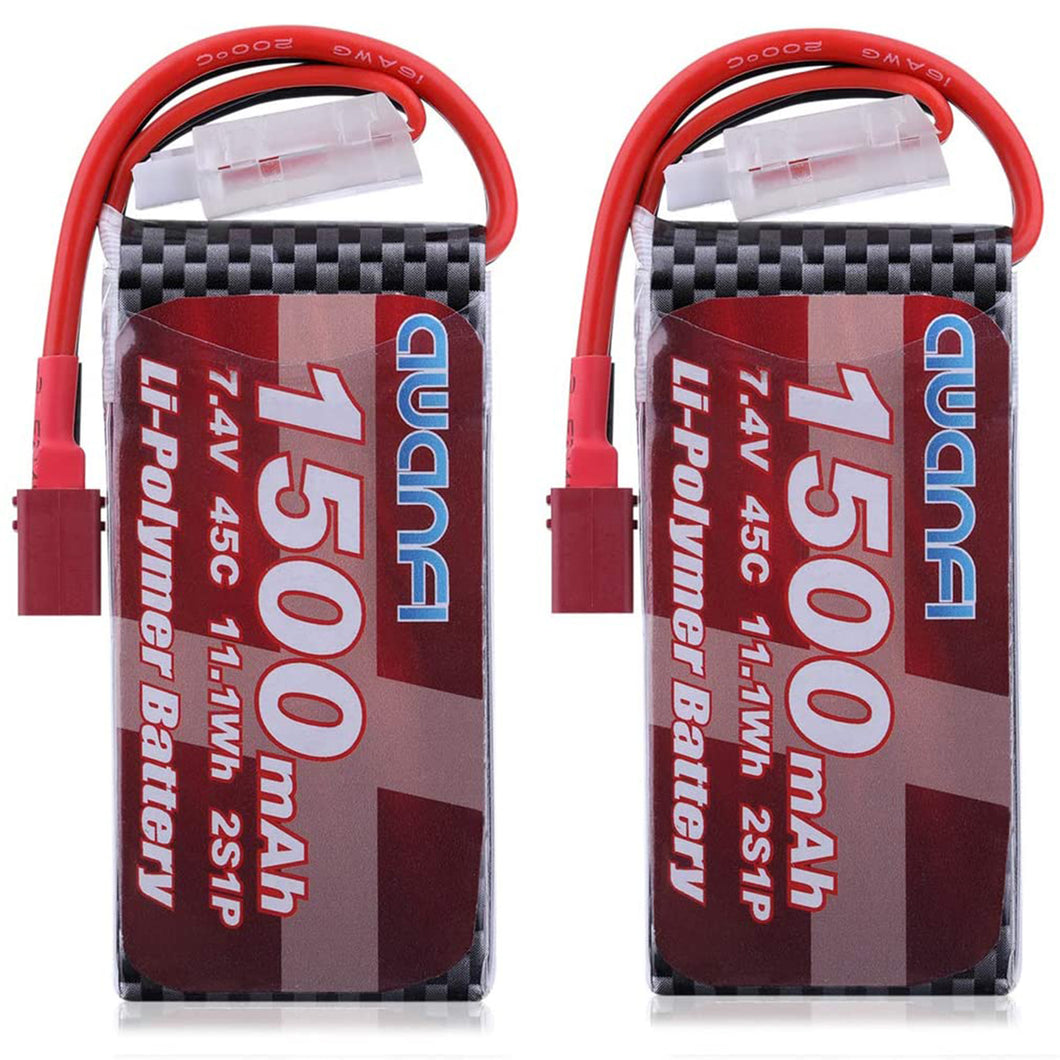 AWANFI 2S Lipo Battery Pack 7.4V 1500mAh 45C Rechargeable RC Battery Pack with Deans T Plug for RC Cars RC Boats RC Truck Helicopter Drone Hobby(2 Pack)