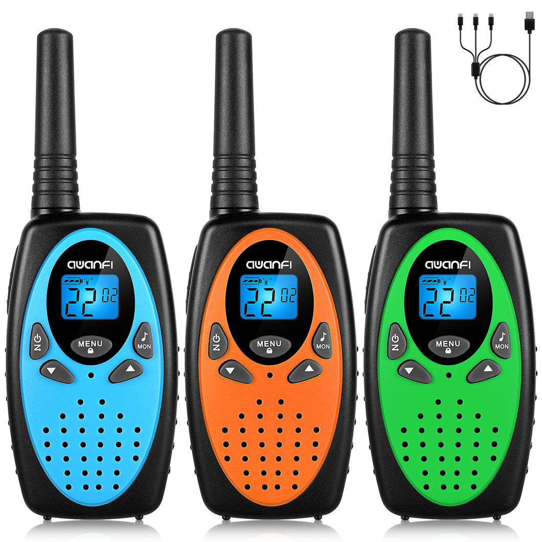 AWANFI Walkie Talkies for Kids 3 Pack, Rechargeable Walkie Talkies Long Range with 22 Channel 1200mAh Li-ion Battery Type-C Cable, Portable FRS Walky Talky 2 Way Radios for Boys Girls Toy Gift