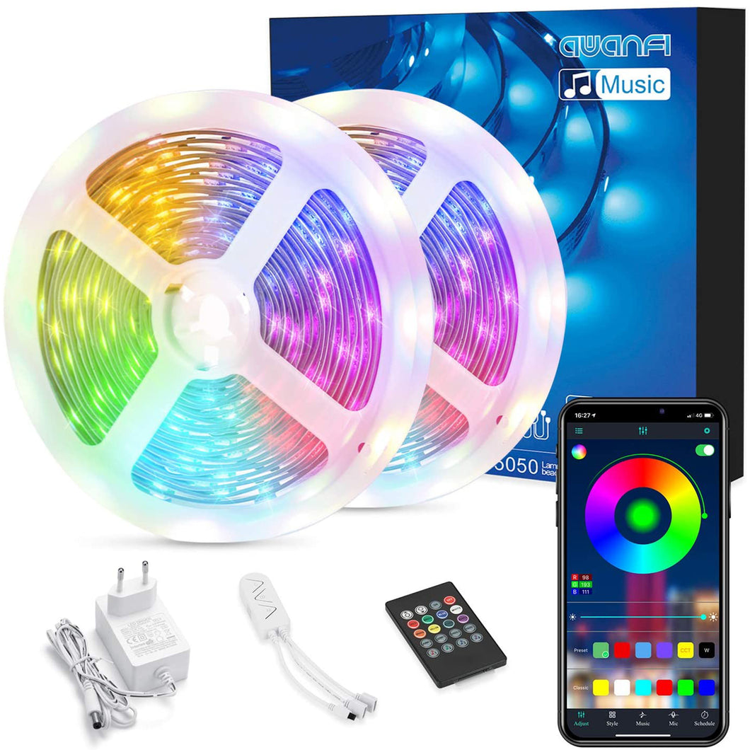 AWANFI Bleutooth LED Strip, Multicolor LED Strip 300 LEDs 5050 RGB, Control via APP, Music Synchronization, and Timer Function