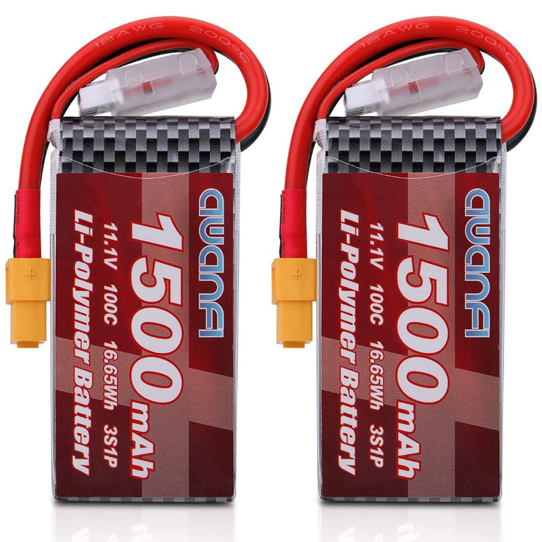 AWANFI 3S LiPo Battery 11.1V 1500mAh 100C LiPo Battery Pack with XT60 Plug for RC Models, RC Car, RC Boat, FPV, Drone, Helicopter, Axial Capra (2Pack)