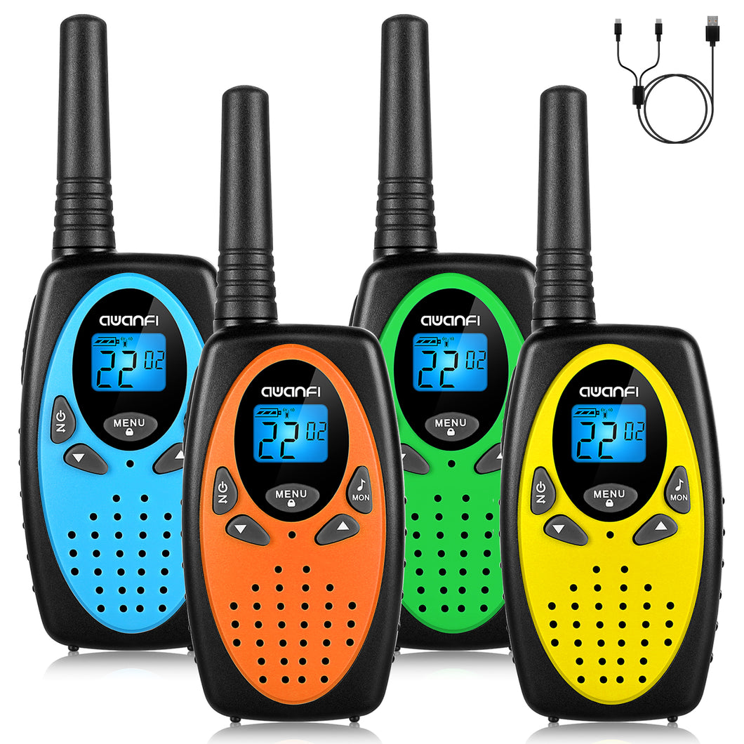 AWANFI Walkie Talkies for Kids 4 Pack, Rechargeable Walkie Talkies Long Range with 22 Channel 1200mAh Li-ion Battery Type-C Cable, Portable FRS Walky Talky 2 Way Radios for Boys Girls Toy Gift