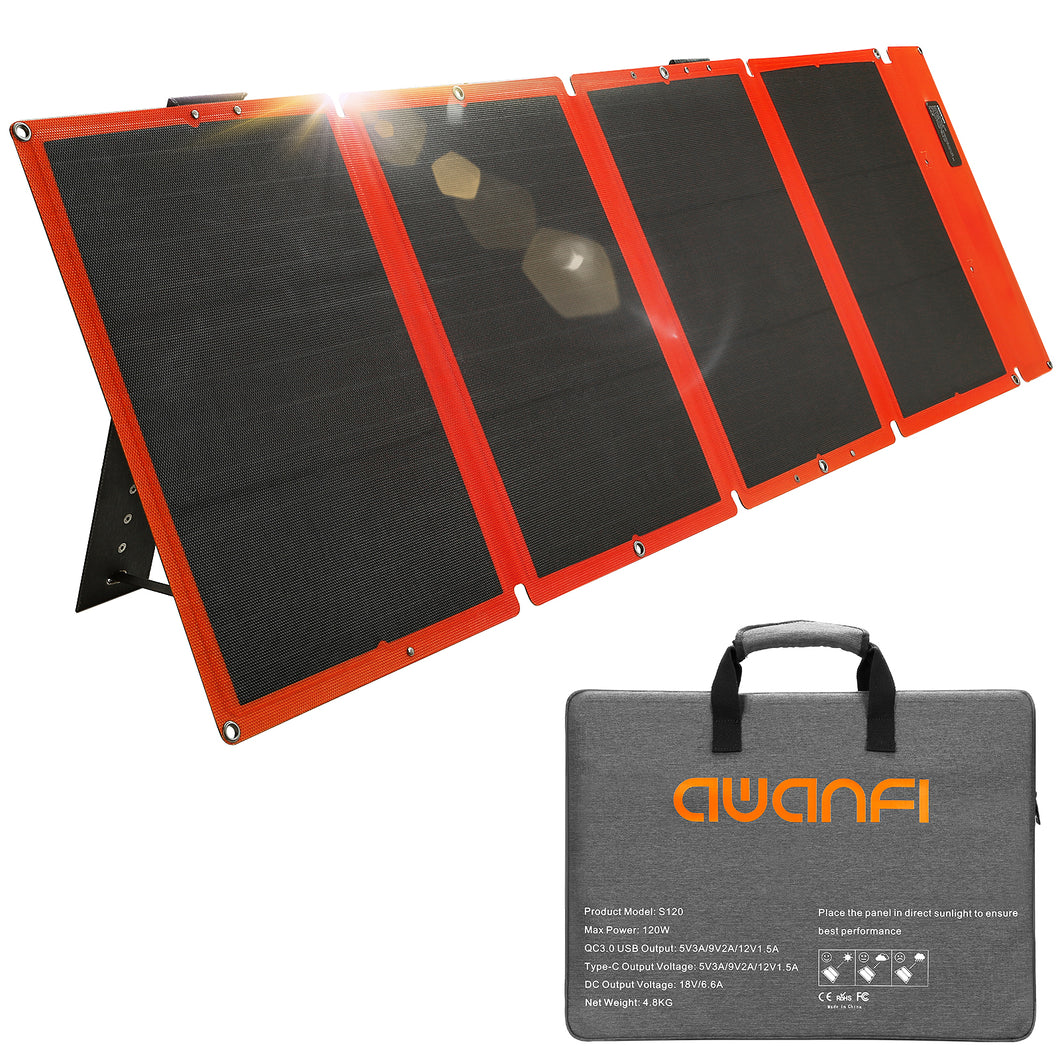 AWANFI Solar Panel 120W Integrated Single Crysta Solar Panel, Foldable, IP67 Waterproof,Ultra Thin, Solar Charger, Solar Powered, Portable Power Source, Can Charge Smartphones, PCs, etc. DC USB QC3.0 Type C Output.