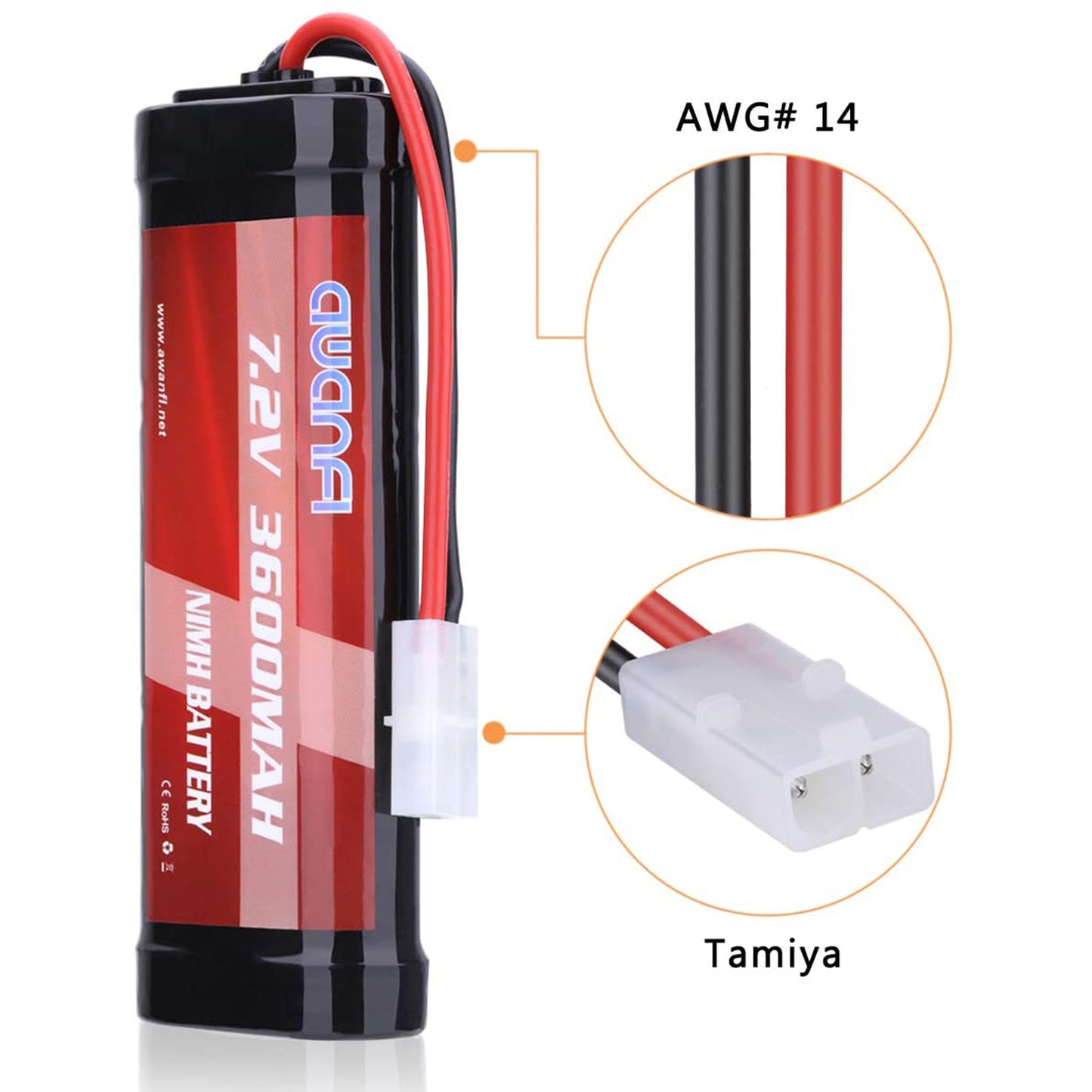 AWANFI 7.2V 3600mAh RC Battery High Capacity NiMH Battery with Tamiya Connector for RC Car RC Truck RC Boat Traxxas LOSI Associated HPI Kyosho Tamiya Quadcopter Drone Hobby(2 Pack)