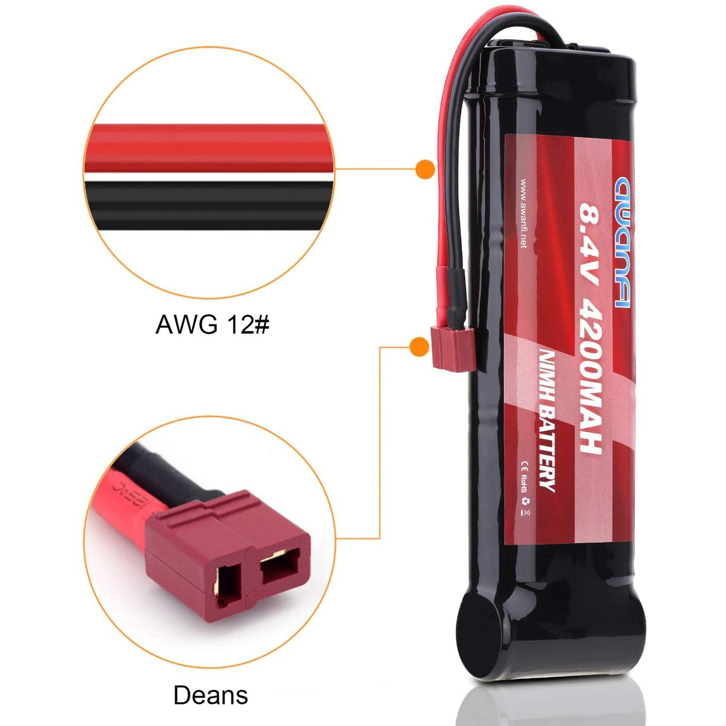 AWANFI 8.4V 4200mAh 7-Cell NiMH Flat Pack Battery with Deans Plug for Most 1/10 Scale RC Car (8.4V 4200mAh Flat 2 Pack)